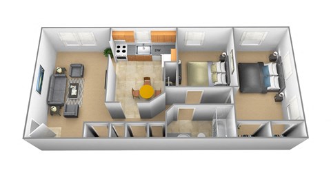 Floor plan for 2 beds, 1 bath, 930 sqft
